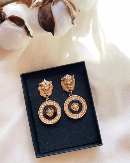 Gold earrings with gold coins |Gold Lion head earrings | korean earrings | baroque style earrings| Medallion shaped dangle earrings - TuttyKnitty