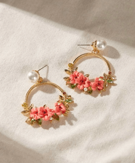 Coral colour flower golden hoop earrings