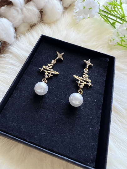 Gold glittering star earrings| Golden stars diamante pearl dangle earrings | Celestial starburst drop earrings | party bridal earrings - TuttyKnitty