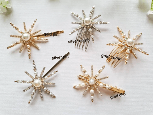 Gold hair clip with rhinestones & pearls| Wedding diamante snowflake clips | celestial moon stars crystal hair slides | christmas gift - TuttyKnitty