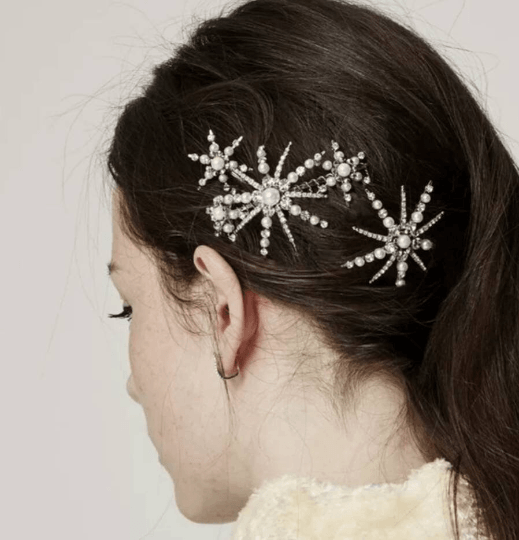 Gold hair clip with rhinestones & pearls| Wedding diamante snowflake clips | celestial moon stars crystal hair slides | christmas gift - TuttyKnitty