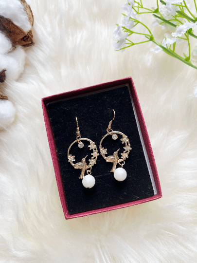 Gold hoop shaped earrings | flying crane with rhinstone flowers | oriental style decor drop earrings| cute kawaii party earrings - TuttyKnitty