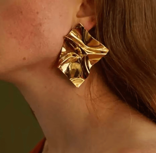 Gold irregular shaped earrings| Crumpled geometric earrings | Oversize statement earrings | Korean earrings | gift for her - TuttyKnitty