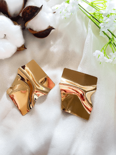 Gold irregular shaped earrings| Crumpled geometric earrings | Oversize statement earrings | Korean earrings | gift for her - TuttyKnitty