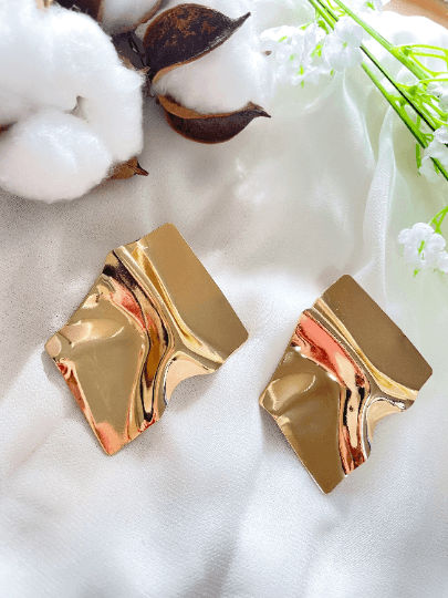 Gold irregular shaped earrings| Crumpled geometric earrings | Oversize statement earrings | Korean earrings | gift for her - TuttyKnitty