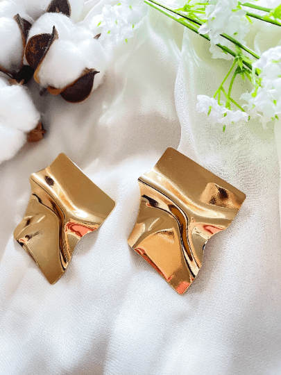 Gold irregular shaped earrings| Crumpled geometric earrings | Oversize statement earrings | Korean earrings | gift for her - TuttyKnitty