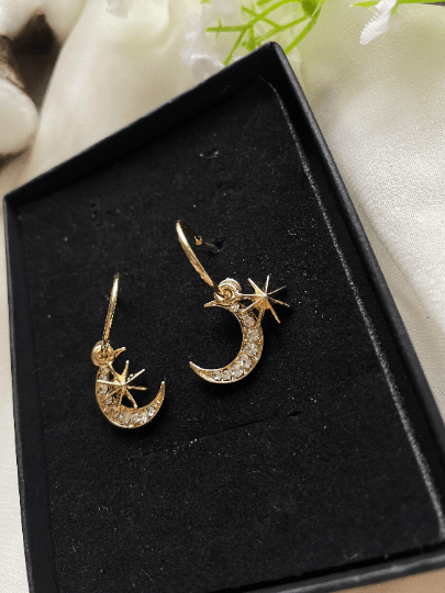 Gold moon and star earrings with colourful rhinestones | Gold diamante dangle earrings | Glitter Statement earrings | Celestial earrings - TuttyKnitty