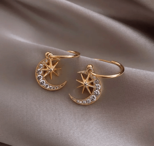 Gold moon and star earrings with colourful rhinestones | Gold diamante dangle earrings | Glitter Statement earrings | Celestial earrings - TuttyKnitty