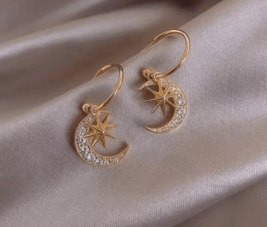 Gold moon and star earrings with colourful rhinestones | Gold diamante dangle earrings | Glitter Statement earrings | Celestial earrings - TuttyKnitty