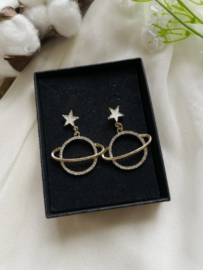 Gold moon and star earrings with colourful rhinestones - TuttyKnitty