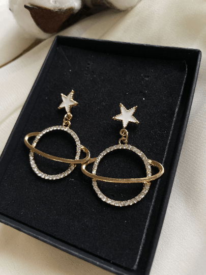 Gold moon and star earrings with colourful rhinestones - TuttyKnitty