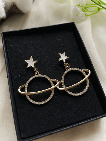 Gold moon and star earrings with colourful rhinestones - TuttyKnitty