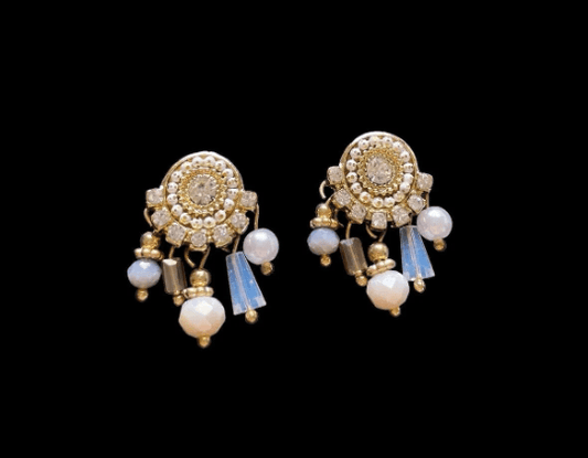 Gold statement earrings with pearl| dangle pearl drop earrings | rhinestones pearl drop earrings | Korean dangly beads rhinestone earrings - TuttyKnitty