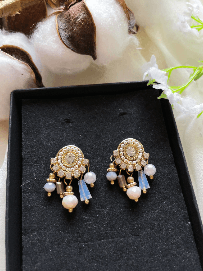 Gold statement earrings with pearl| dangle pearl drop earrings | rhinestones pearl drop earrings | Korean dangly beads rhinestone earrings - TuttyKnitty