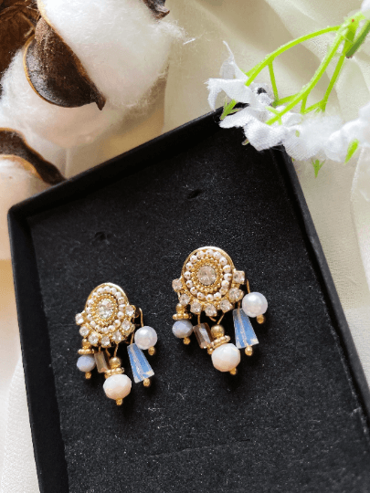 Gold statement earrings with pearl| dangle pearl drop earrings | rhinestones pearl drop earrings | Korean dangly beads rhinestone earrings - TuttyKnitty