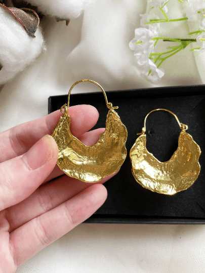 Gold textured folded irregular shaped earrings| twisted geometric earrings | Oversize statement earrings | luxury statement earrings - TuttyKnitty