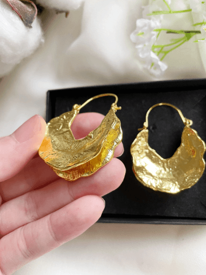 Gold textured folded irregular shaped earrings| twisted geometric earrings | Oversize statement earrings | luxury statement earrings - TuttyKnitty