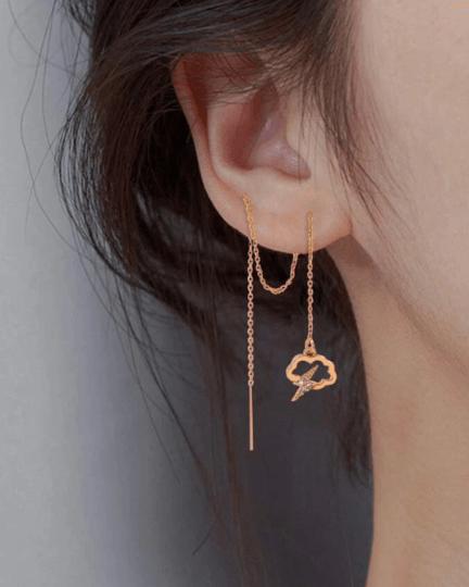 Gold thunder and cloud dangle threader earrings | chain dangle earrings | minimalist elegant statement earrings | cute kawaii earrings - TuttyKnitty