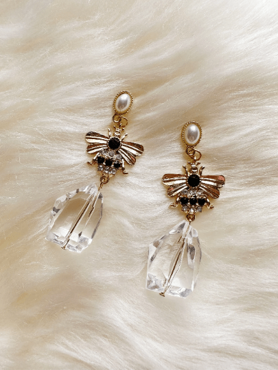 Golden bee earrings | pearl studs rhinestone earrings | gold honey bee insect statement earrings | clear lucite beads - TuttyKnitty