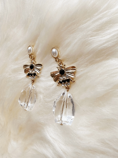 Golden bee earrings | pearl studs rhinestone earrings | gold honey bee insect statement earrings | clear lucite beads - TuttyKnitty