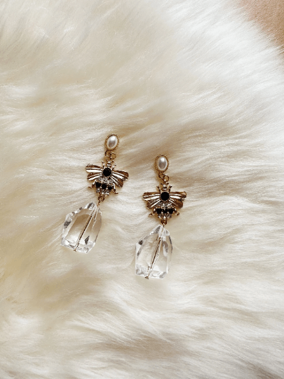 Golden bee earrings | pearl studs rhinestone earrings | gold honey bee insect statement earrings | clear lucite beads - TuttyKnitty