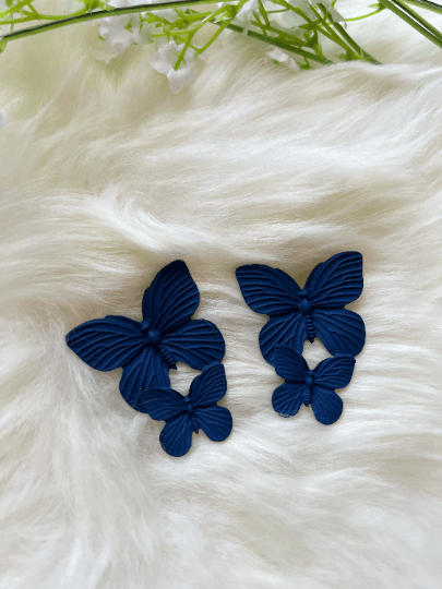 Golden butterfly wings stud earrings | navy blue stud earrings | flying butterflies statement | summer spring garden style - TuttyKnitty