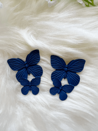 Golden butterfly wings stud earrings | navy blue stud earrings | flying butterflies statement | summer spring garden style - TuttyKnitty