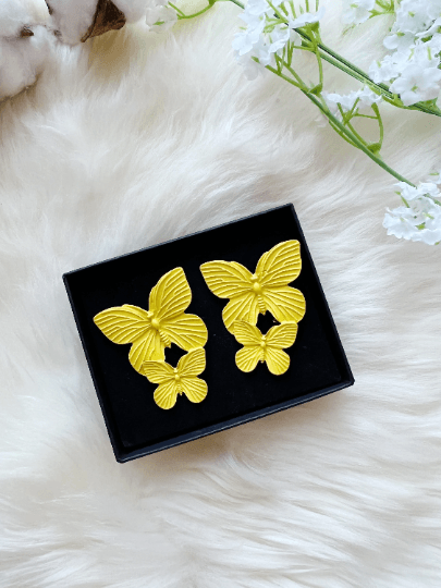 Golden butterfly wings stud earrings | navy blue stud earrings | flying butterflies statement | summer spring garden style - TuttyKnitty