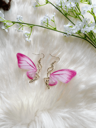 Golden chains dangling butterfly earrings | pink wing fairy earrings | flowy flying butterflies statement | summer spring garden style - TuttyKnitty