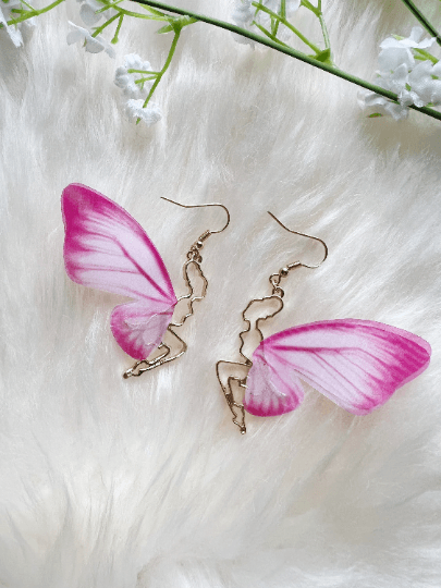 Golden chains dangling butterfly earrings | pink wing fairy earrings | flowy flying butterflies statement | summer spring garden style - TuttyKnitty