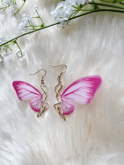 Golden chains dangling butterfly earrings | pink wing fairy earrings | flowy flying butterflies statement | summer spring garden style - TuttyKnitty