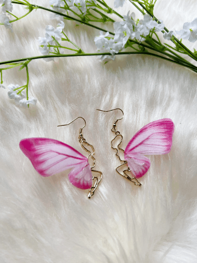 Golden chains dangling butterfly earrings | pink wing fairy earrings | flowy flying butterflies statement | summer spring garden style - TuttyKnitty