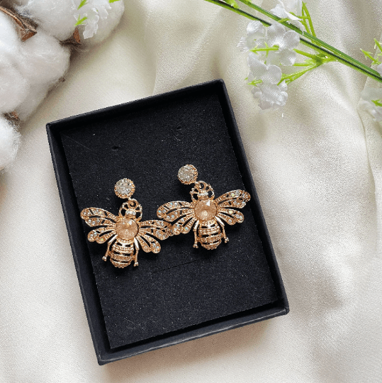 Golden Honey bee earrings with yellow rhinestones| Dainty diamante bee earrings | glitter drop luxury earrings | insect dangly earrings - TuttyKnitty