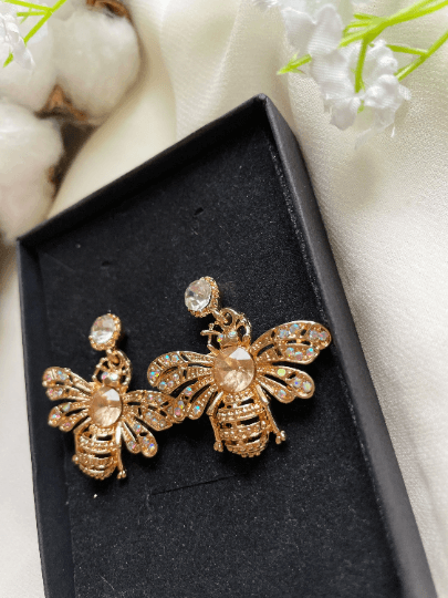 Golden Honey bee earrings with yellow rhinestones| Dainty diamante bee earrings | glitter drop luxury earrings | insect dangly earrings - TuttyKnitty