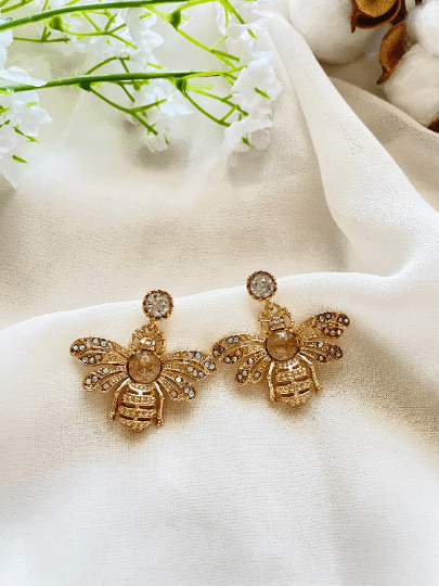 Golden Honey bee earrings with yellow rhinestones| Dainty diamante bee earrings | glitter drop luxury earrings | insect dangly earrings - TuttyKnitty