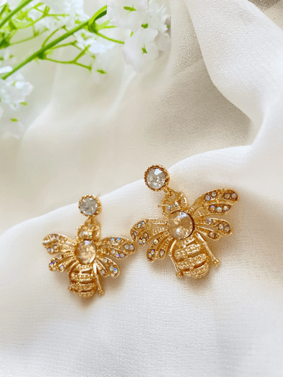 Golden Honey bee earrings with yellow rhinestones| Dainty diamante bee earrings | glitter drop luxury earrings | insect dangly earrings - TuttyKnitty