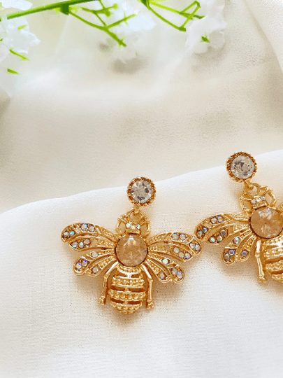 Golden Honey bee earrings with yellow rhinestones| Dainty diamante bee earrings | glitter drop luxury earrings | insect dangly earrings - TuttyKnitty