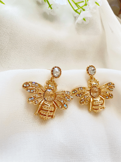 Golden Honey bee earrings with yellow rhinestones| Dainty diamante bee earrings | glitter drop luxury earrings | insect dangly earrings - TuttyKnitty