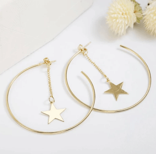 Golden hoop earrings | open hoop earrings | oversize celestial chain dangle earrings | stars statement earrings - TuttyKnitty