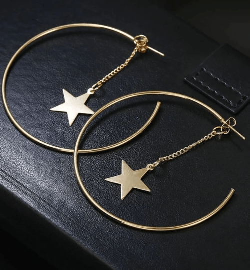 Golden hoop earrings | open hoop earrings | oversize celestial chain dangle earrings | stars statement earrings - TuttyKnitty