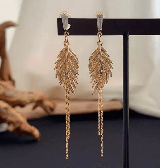 Golden leaf earrings with glitter rhinestones | gold chain earrings | elegant statement earrings | bridal party earrings - TuttyKnitty