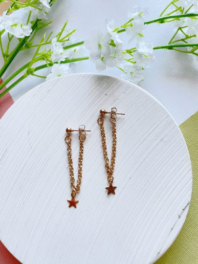 Golden mini chain earrings | glitter minimalist star charm dangle earrings | Celestial stud earrings - TuttyKnitty