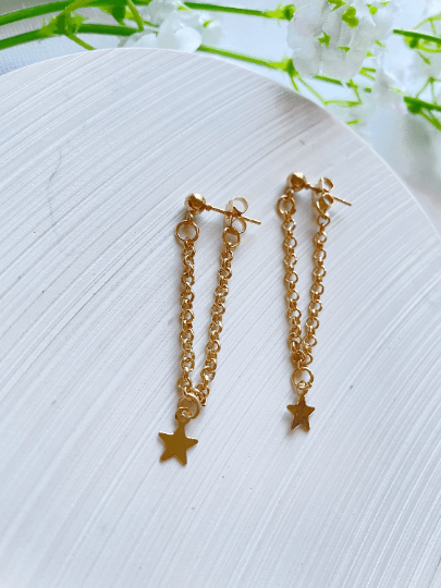 Golden mini chain earrings | glitter minimalist star charm dangle earrings | Celestial stud earrings - TuttyKnitty