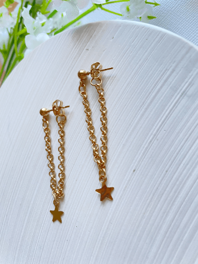 Golden mini chain earrings | glitter minimalist star charm dangle earrings | Celestial stud earrings - TuttyKnitty