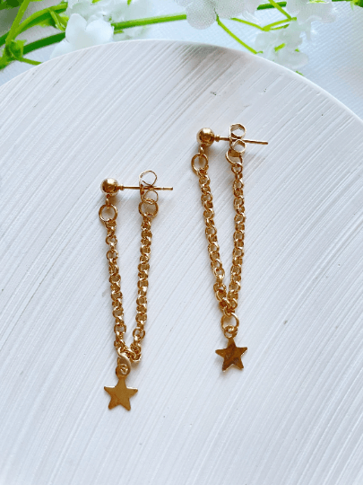 Golden mini chain earrings | glitter minimalist star charm dangle earrings | Celestial stud earrings - TuttyKnitty