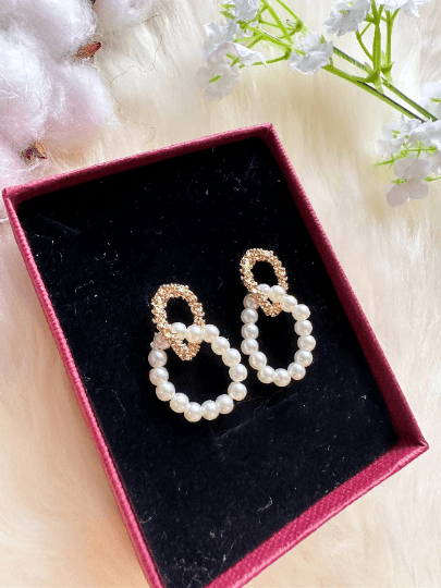 Golden pearl hoop earrings | pearl bead party earrings | open hoop earrings | gold textured lightweight statement earrings - TuttyKnitty