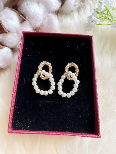 Golden pearl hoop earrings | pearl bead party earrings | open hoop earrings | gold textured lightweight statement earrings - TuttyKnitty