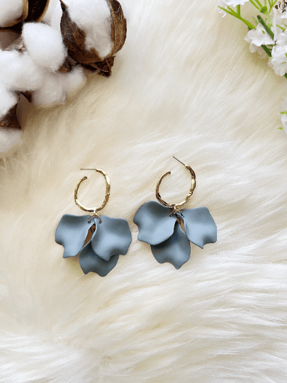 Grey matte flower earrings | dangle petals statement earrings | unique golden bar floral earrings | bridal party wedding earrings - TuttyKnitty