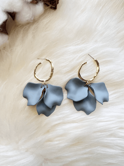 Grey matte flower earrings | dangle petals statement earrings | unique golden bar floral earrings | bridal party wedding earrings - TuttyKnitty