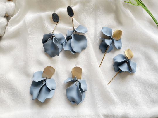 Grey matte flower earrings | dangle petals statement earrings | unique golden bar floral earrings | bridal party wedding earrings - TuttyKnitty